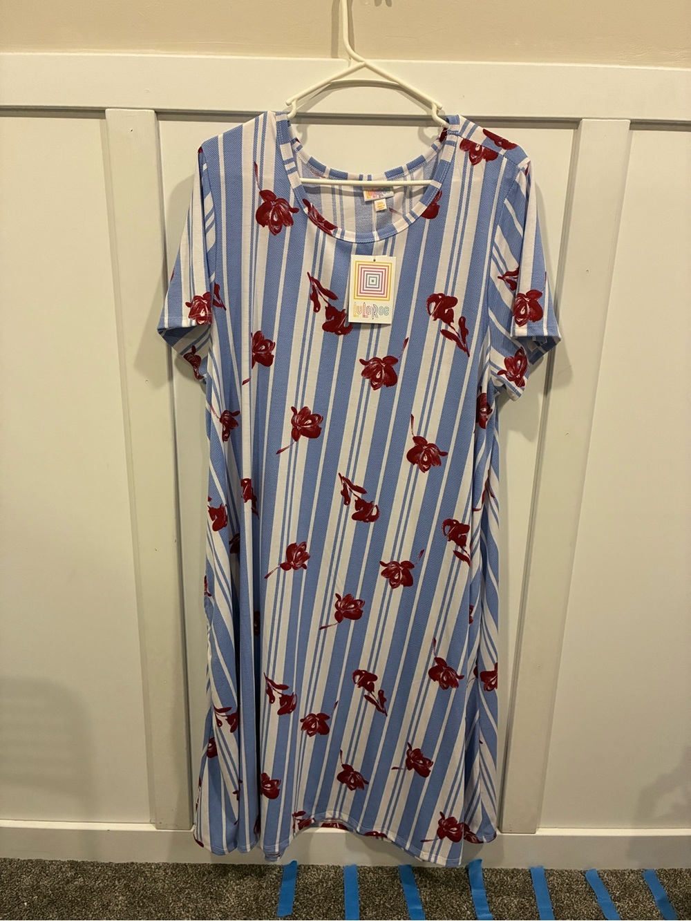 LuLaRoe Blue and White Striped Dress with Red Floral Accents